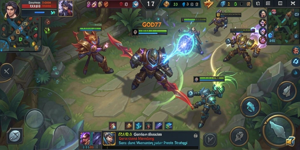 Screenshot gameplay GOD77 dengan aksi pertarungan yang intens di arena.