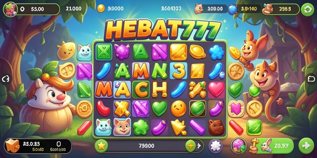 Tangkapan layar HEBAT777 menampilkan gameplay seru Match-3 yang penuh warna.