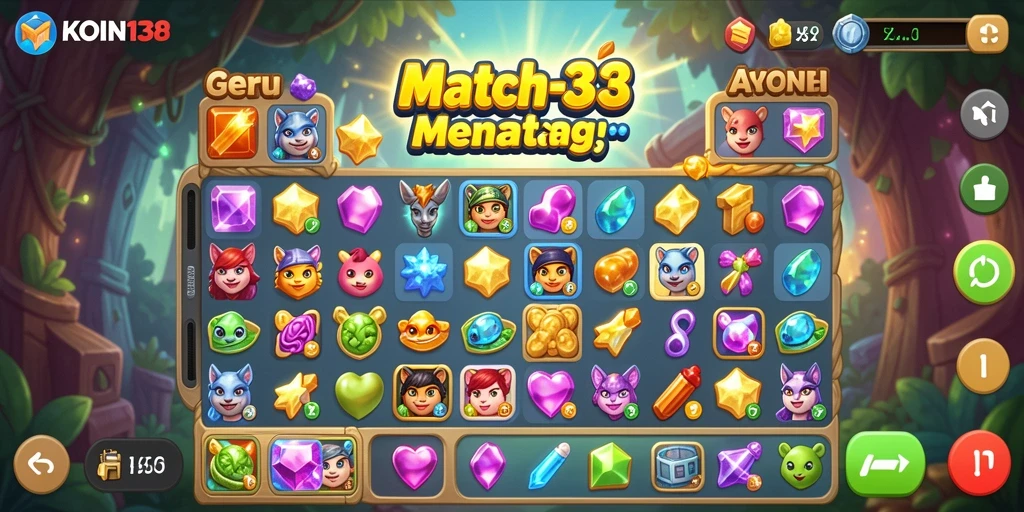 Screenshot KOIN138 menampilkan gameplay seru dalam level Match-3.