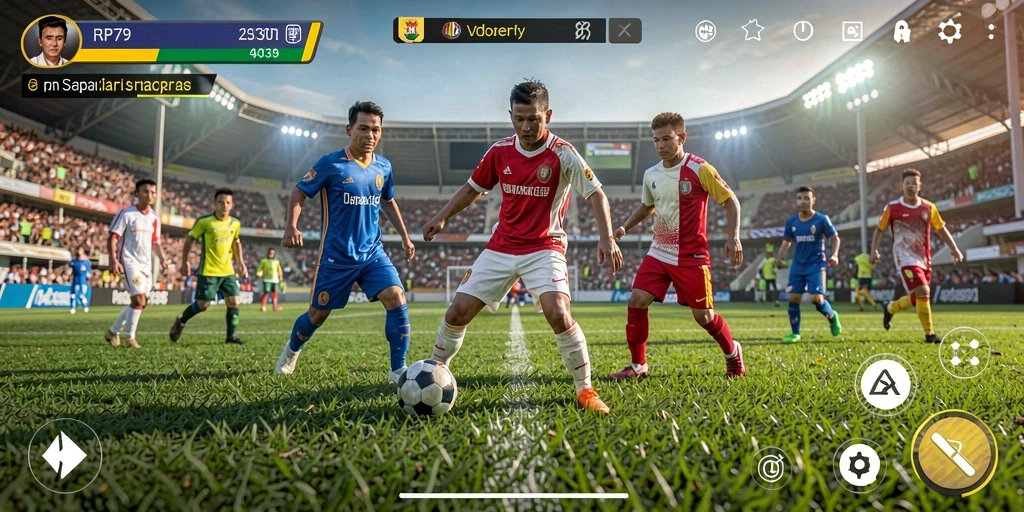 Screenshot RP79 menampilkan aksi seru dalam pertandingan sepak bola.