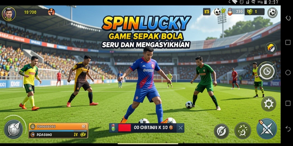 Screenshot gameplay SPINLUCKY menampilkan aksi sepak bola penuh semangat.