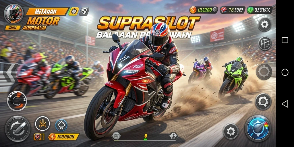 Screenshot utama SUPRASLOT menampilkan balapan motor yang intens dan menarik.
