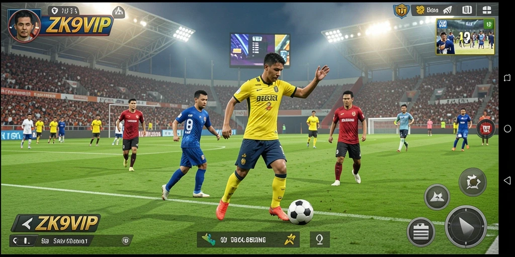 Screenshot utama ZK9VIP menunjukkan aksi mendebarkan dalam permainan sepak bola.